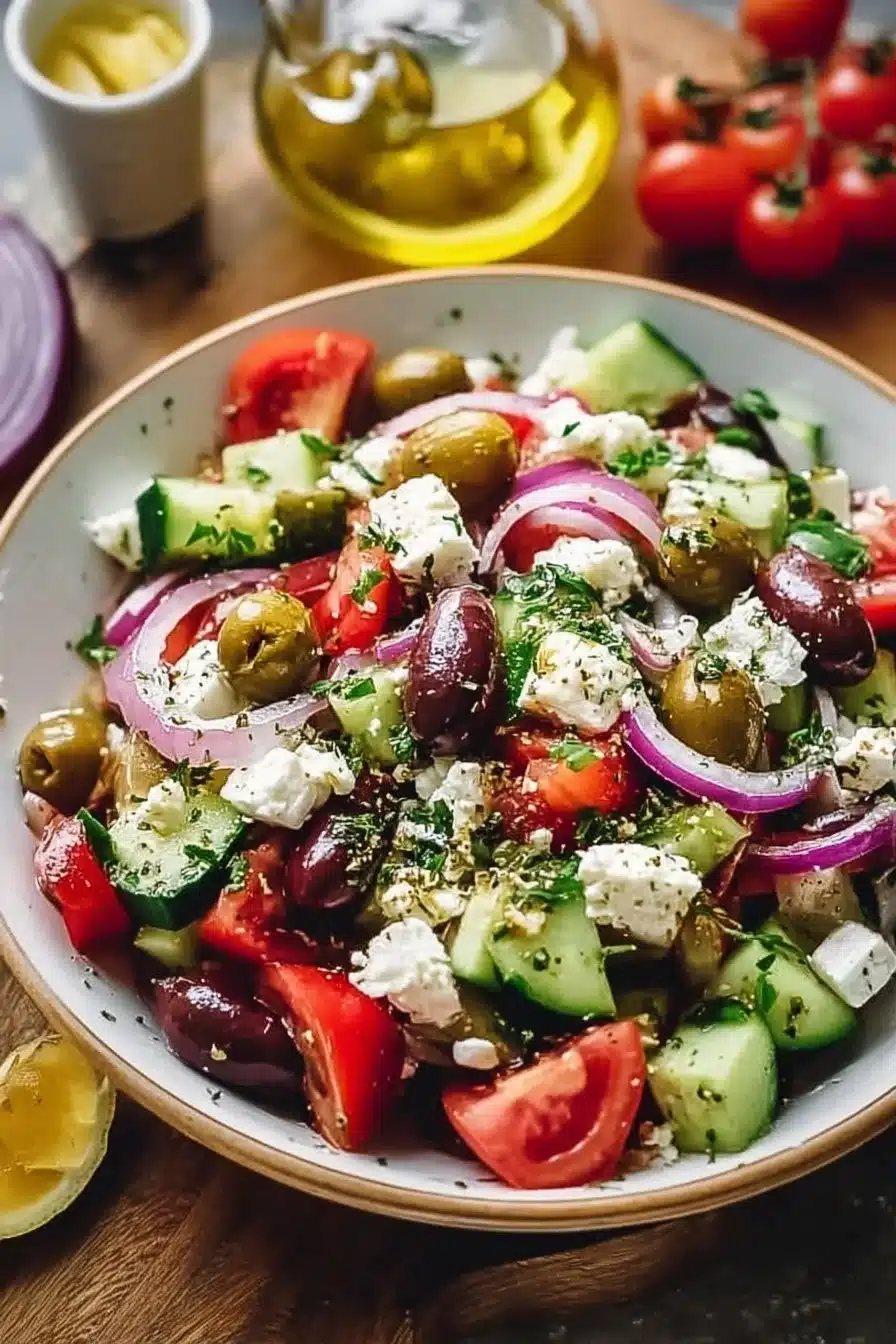 Recette de salade grecque avec tomates, concombre, feta et olives.