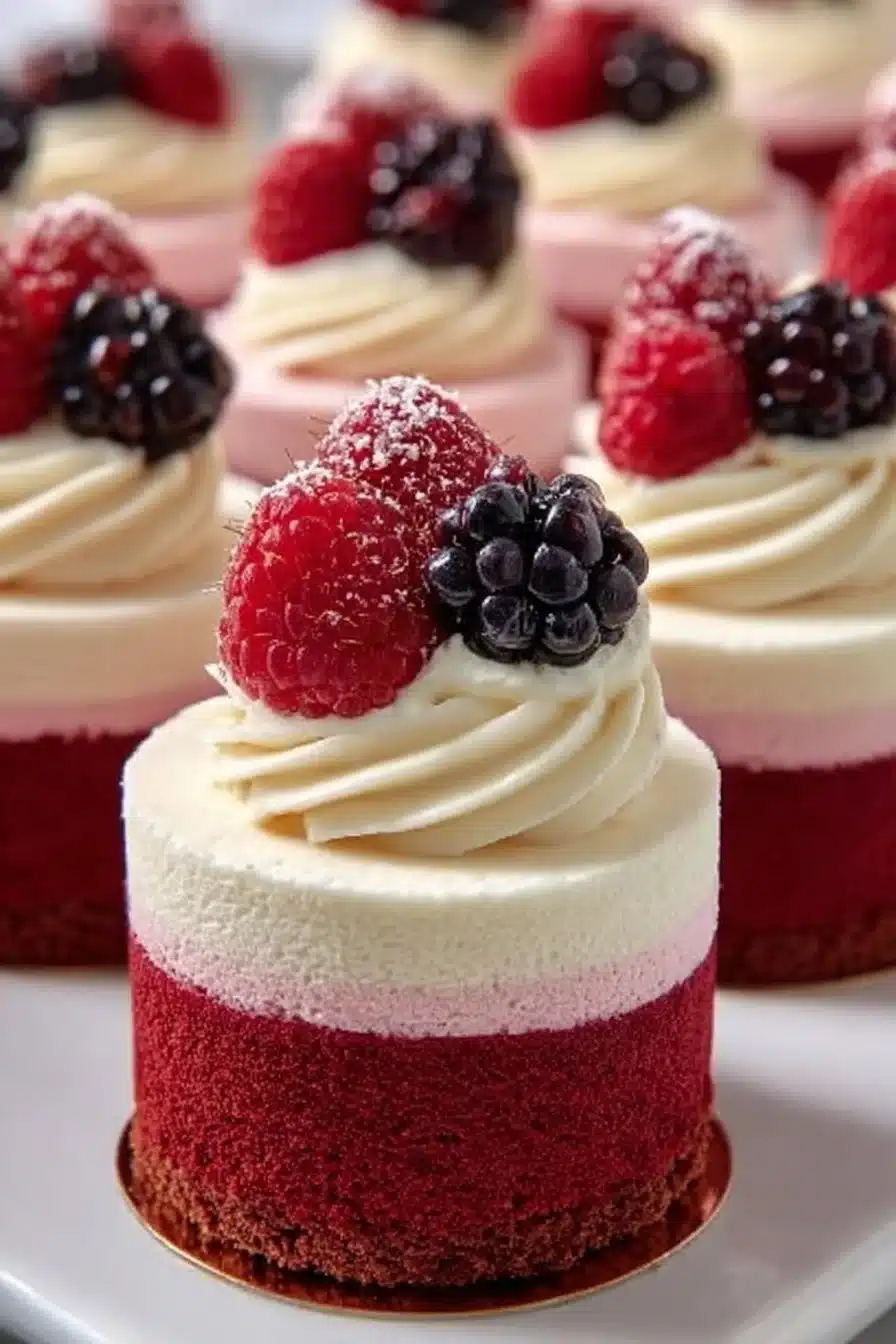 Mini gâteaux mousse framboise garnis de framboises fraîches et crème légère.