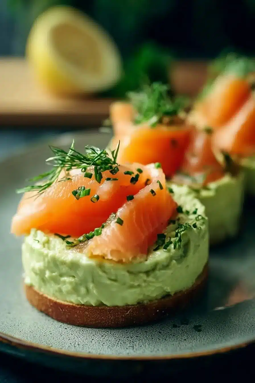 Mousse d'avocat onctueuse garnie de saumon fumé, idéale pour les apéritifs.