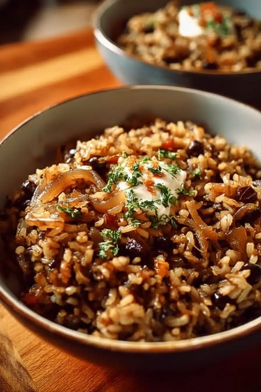 Mujadara libanais : lentilles et riz servi avec des oignons caramélisés