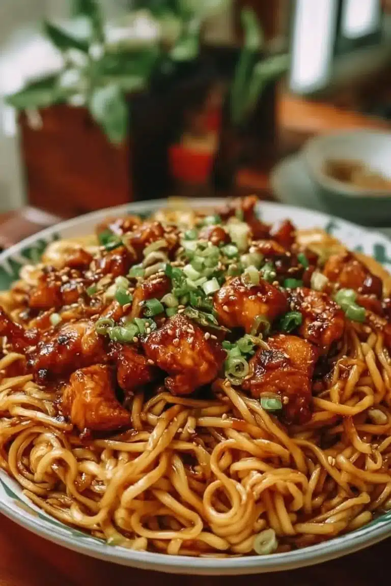Nouilles avec Poulet à l’Ail Caramélisé dans une assiette appétissante
