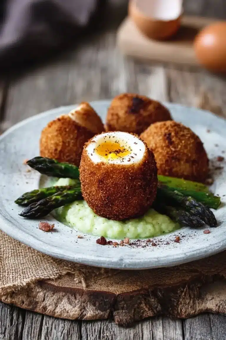 Oeufs mollets panés dans la poudre de noisette avec une présentation appétissante