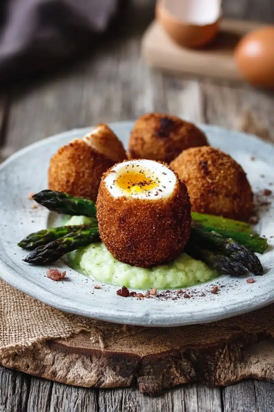 Oeufs mollets panés dans la poudre de noisette avec une présentation appétissante