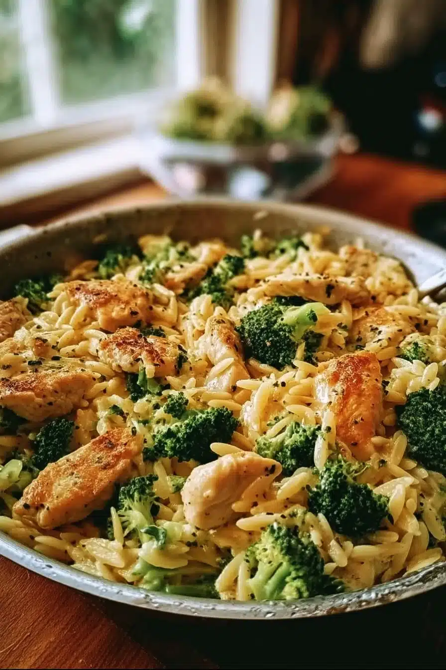 Plat d'orzo de poulet au brocoli et au cheddar, savoureux et facile à préparer.