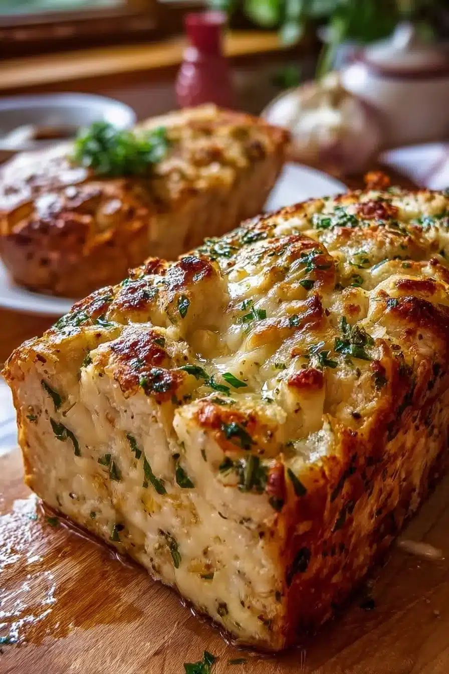 Pain de poulet à l’ail et parmesan sur une table