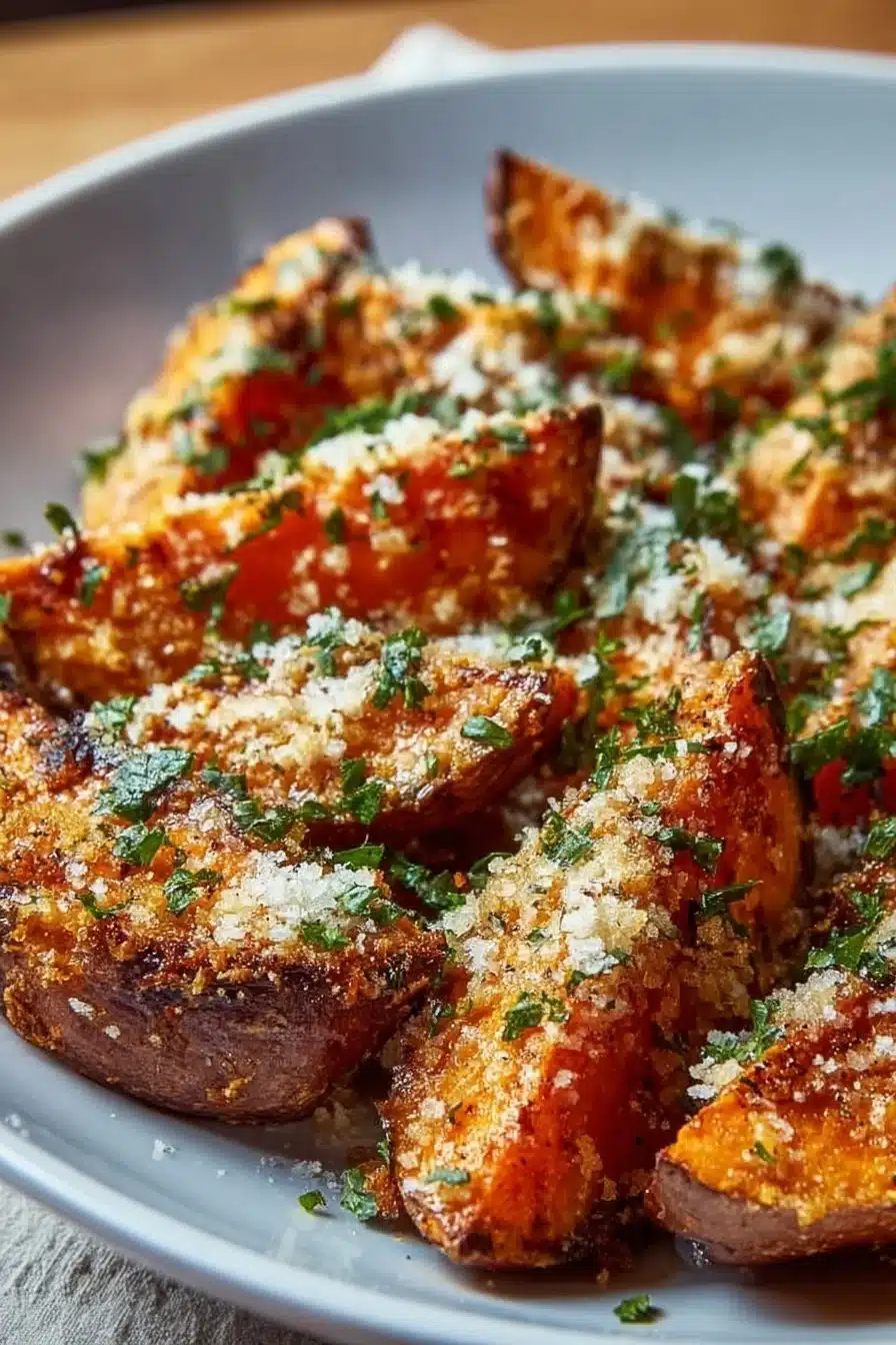 Patates douces rôties à l'ail et au parmesan dans un plat savoureux.