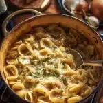 Pâtes à l'oignon à la française, plat savoureux avec oignons caramélisés.