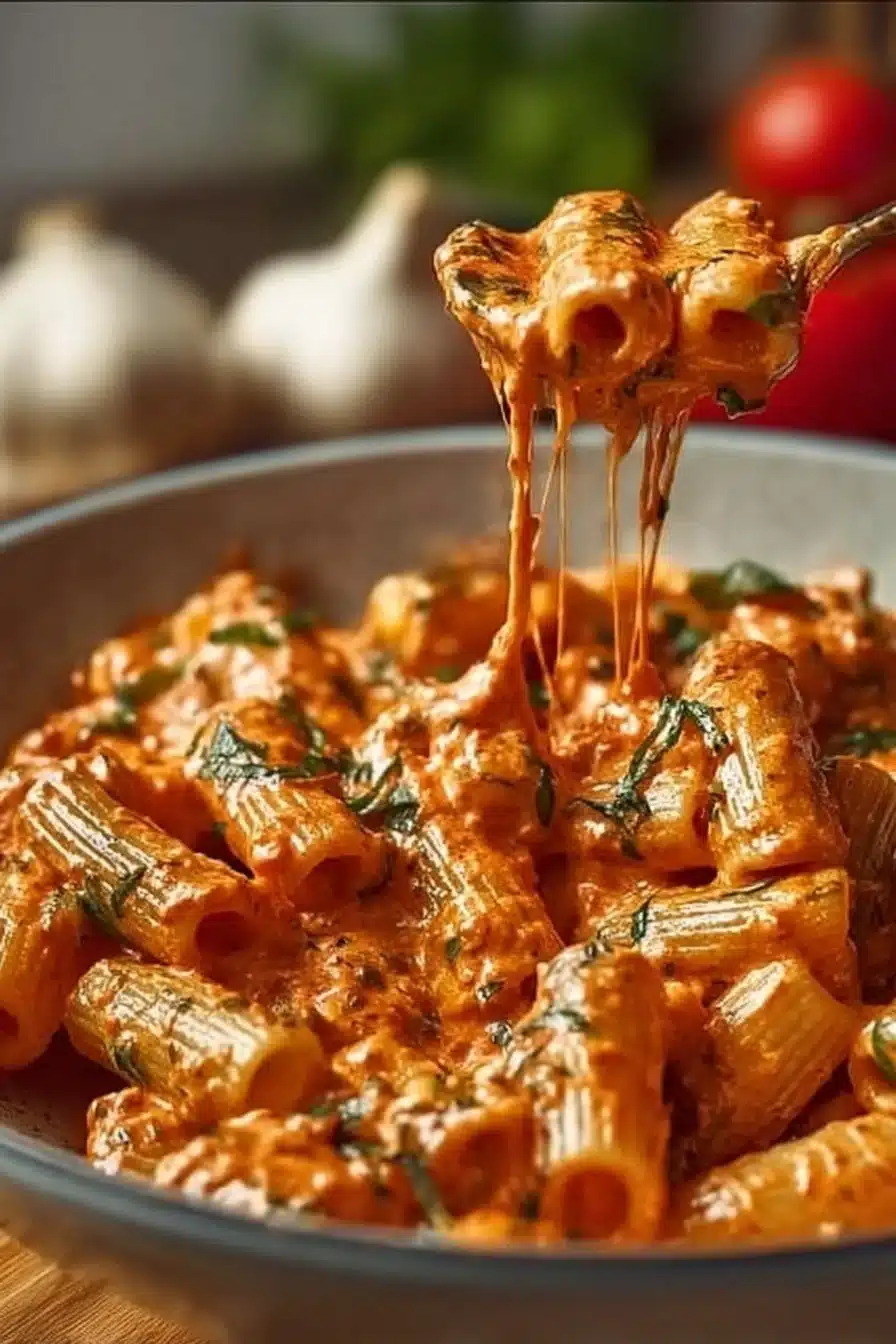 Assiette de pâtes crémeuses à la tomate et à l'ail