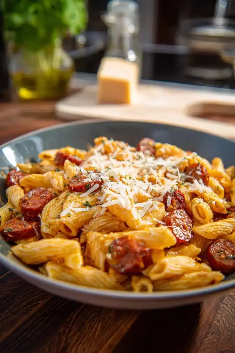 Pâtes crémeuses au chorizo servies dans un plat savoureux