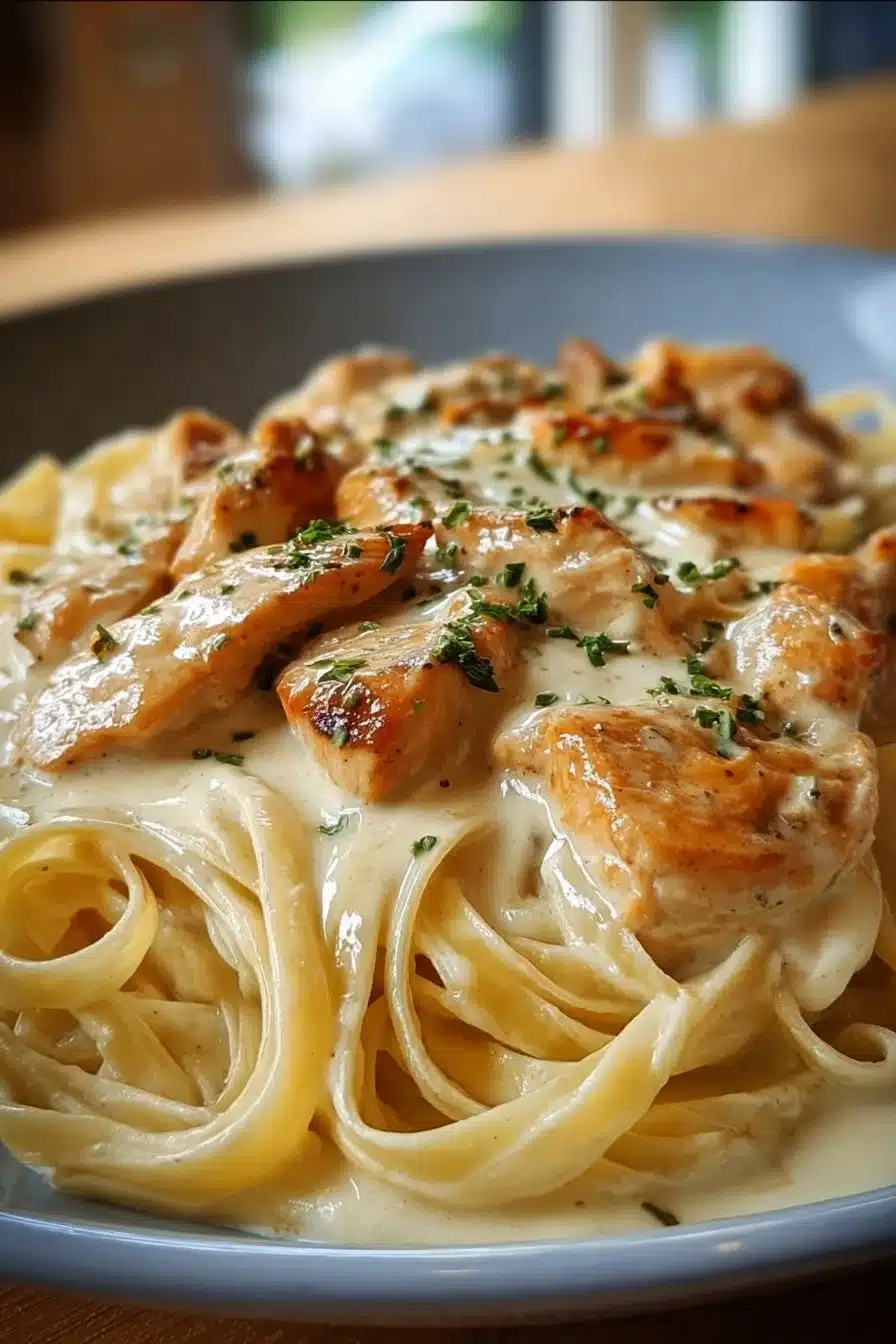 Pâtes Poulet avec Sauce Boursin crémeuse dans une assiette appétissante