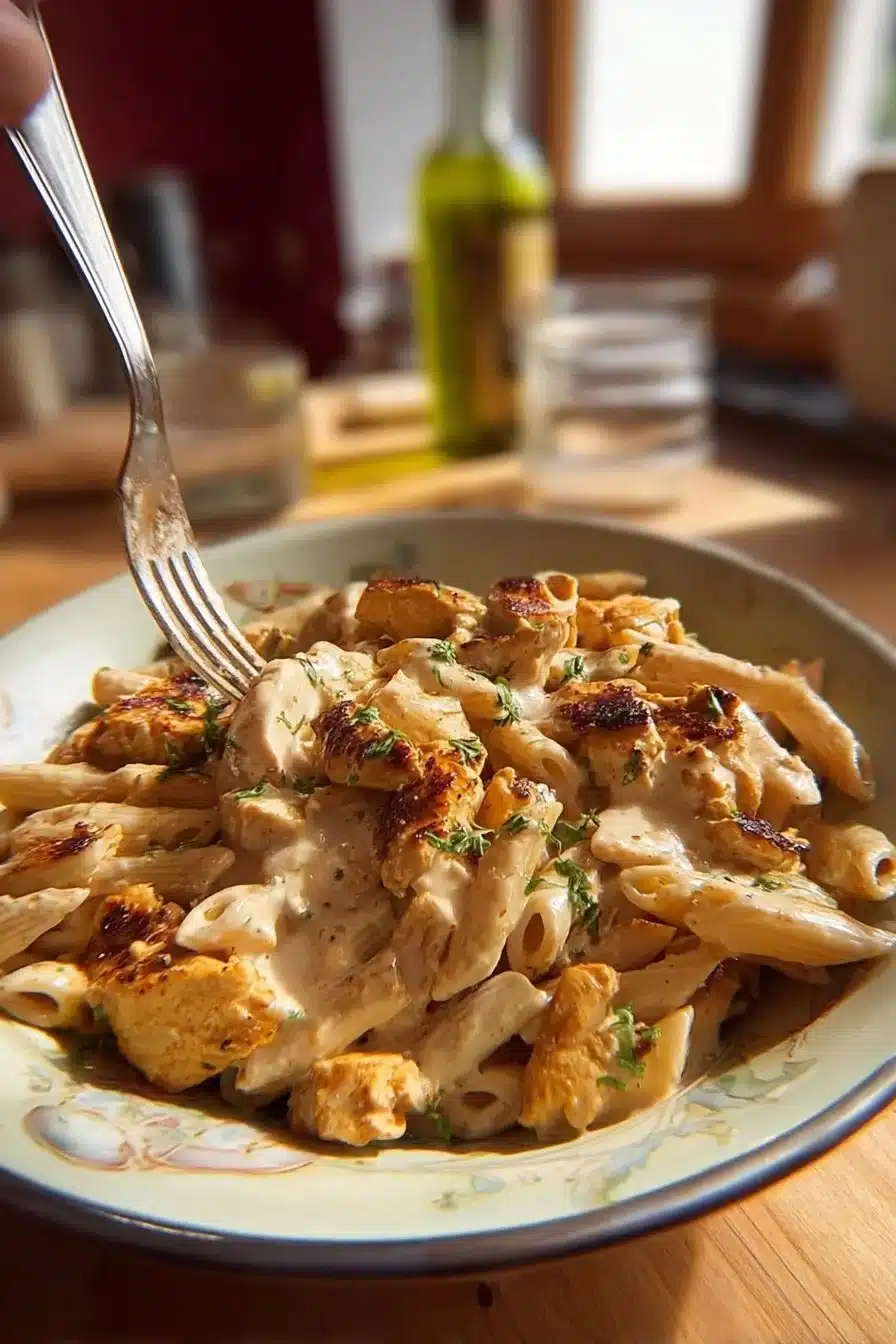 Penne au poulet, un plat savoureux et réconfortant avec des pâtes et du poulet.