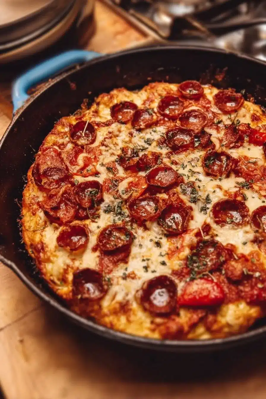 Pizza à la poêle en fonte, croustillante et savoureuse, prête à être dégustée.
