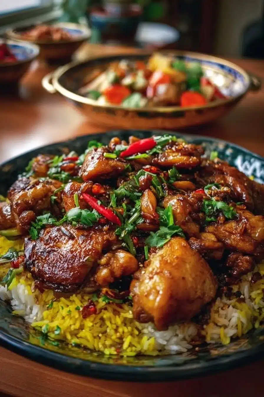 Plat oriental de poulet épicé savoureux avec épices authentiques.
