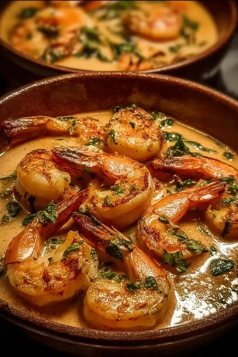 Plats de crevettes en sauce crémeuse servies avec des herbes fraîches