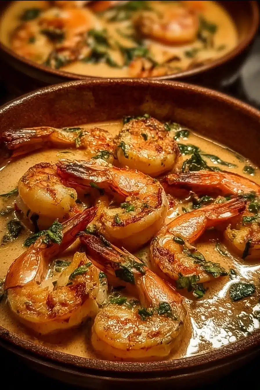 Plats de crevettes en sauce crémeuse servies avec des herbes fraîches