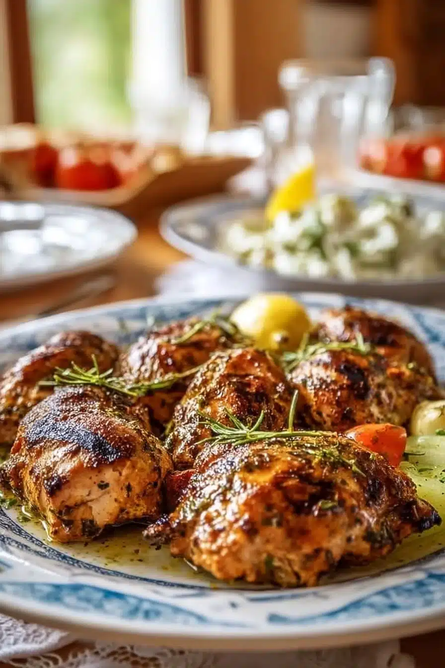 Recette savoureuse de poulet à la grecque servie avec des herbes fraîches
