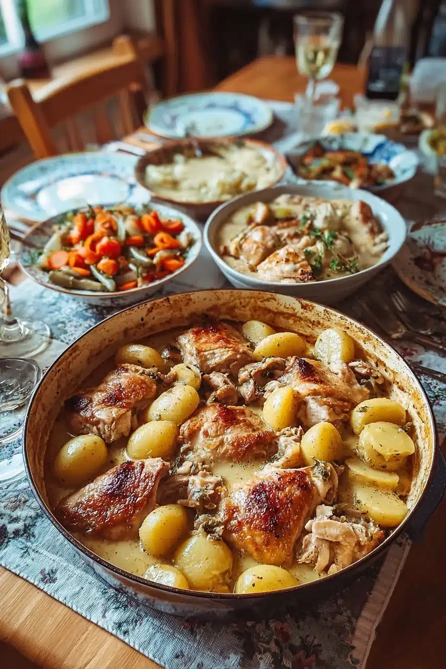 Poulet à la Normande avec sauce crémeuse et pommes.