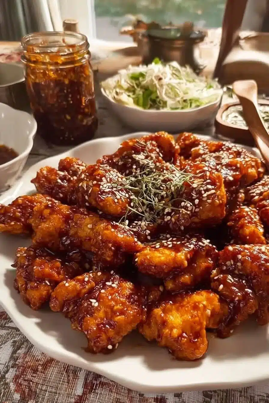 Délicieux poulet frit coréen croustillant servi avec des garnitures.