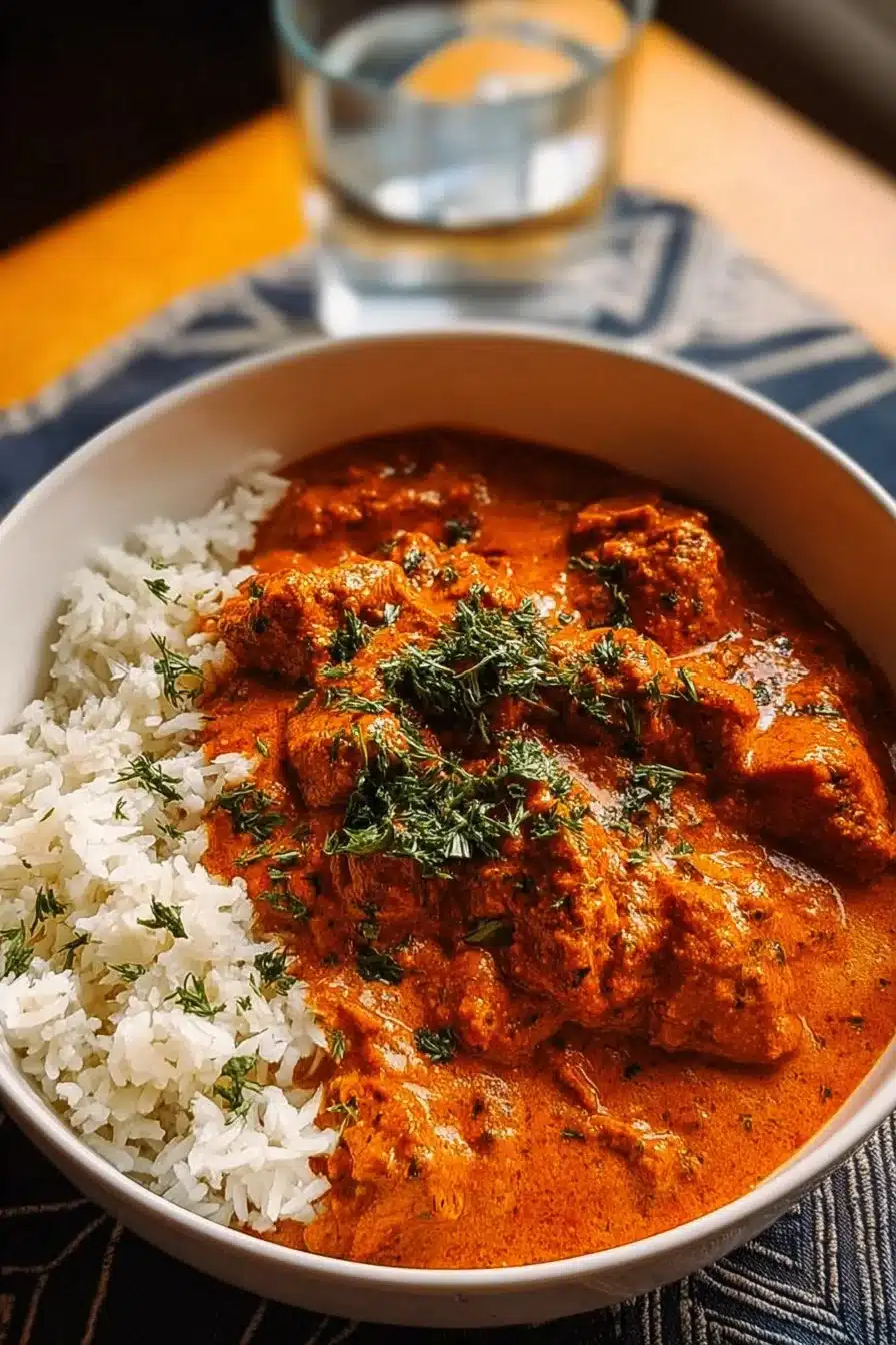 Plat de Poulet Tikka Masala épicé servi avec du riz et du naan.