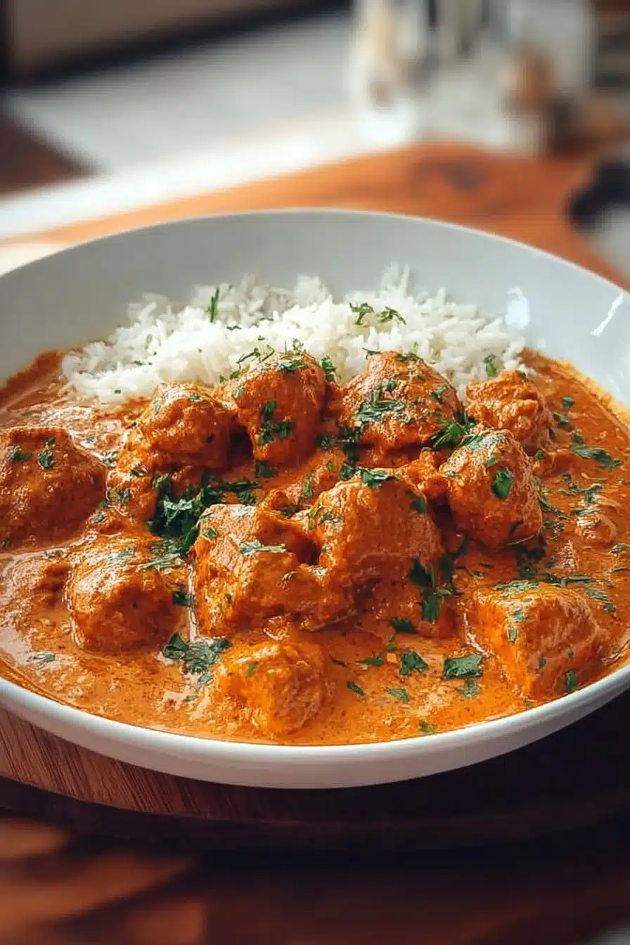 Plat de Poulet Tikka Masala savoureux avec épices et riz basmati.