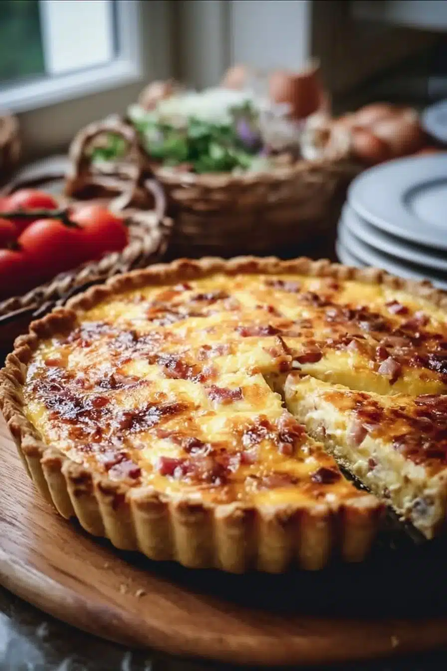 Quiche Lorraine savoureuse avec bacon et fromage, idéale pour un repas convivial