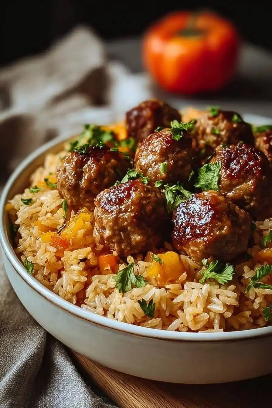 Riz aux boulettes de viande savoureux servi dans une assiette.