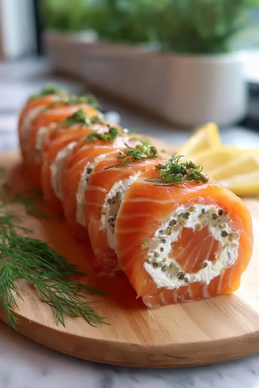 Roulé de Saumon Fumé garni de fromage et herbes sur une assiette décorative.