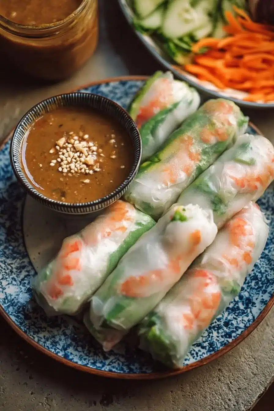Rouleaux de Printemps avec sauce cacahuète, plat savoureux et frais
