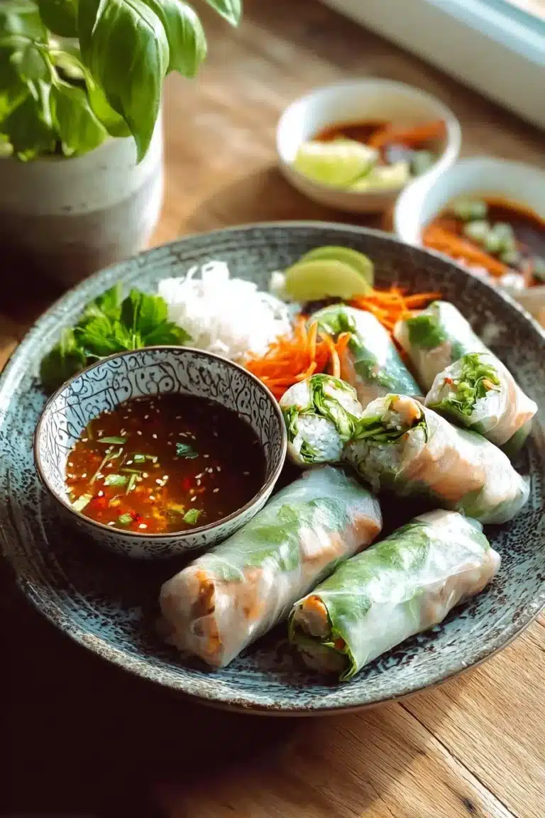 Rouleaux de printemps vietnamiens au poulet garnis de légumes frais.
