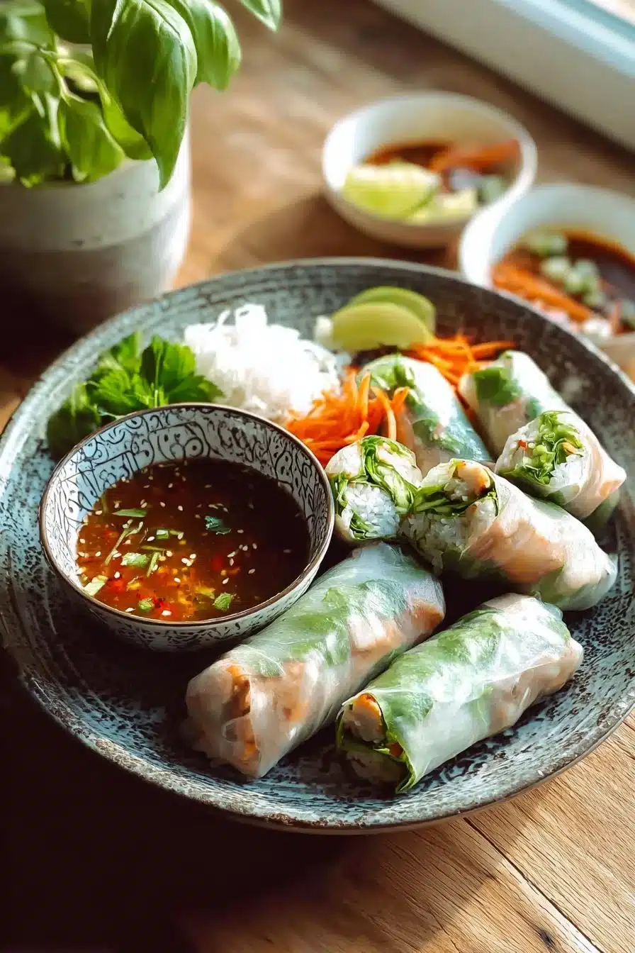 Rouleaux de printemps vietnamiens au poulet garnis de légumes frais.
