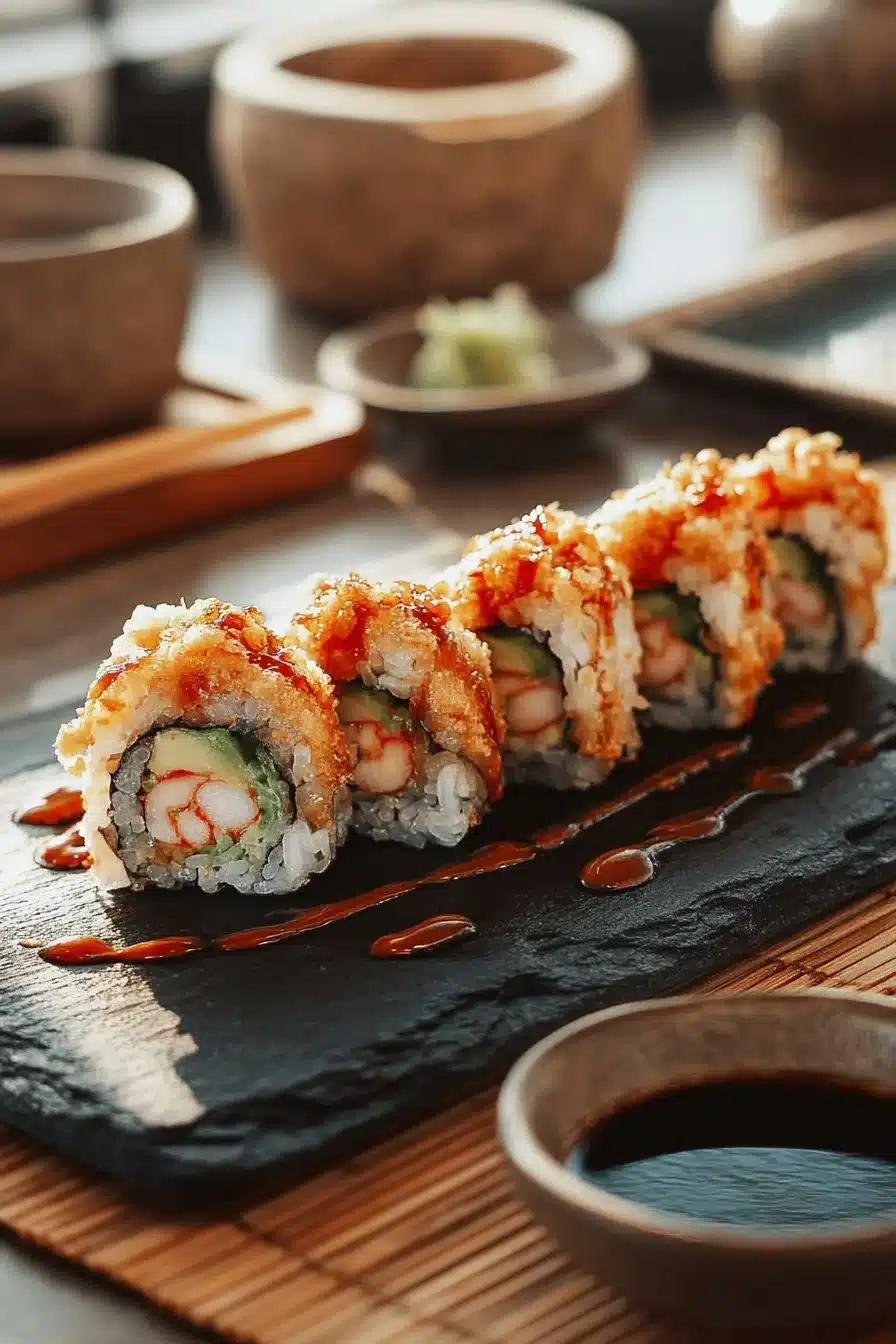 Rouleaux de tempura de crevettes croustillants et savoureux sur une assiette