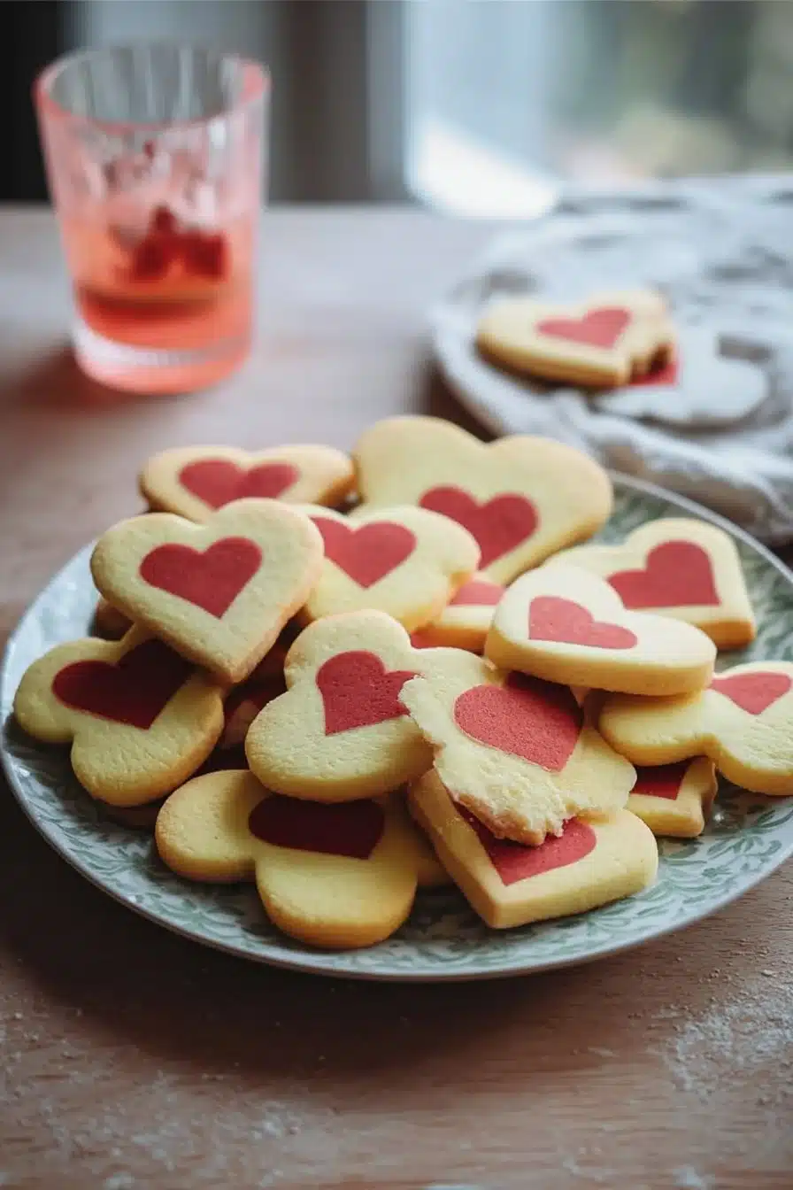 Sablés de Saint-Valentin en forme de cœur sur une assiette décorée.