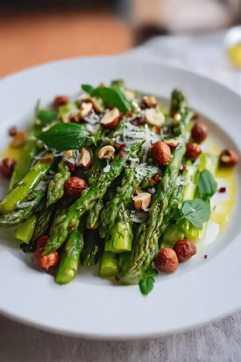 Salade d'asperges vertes avec noisettes et basilic dans un bol.