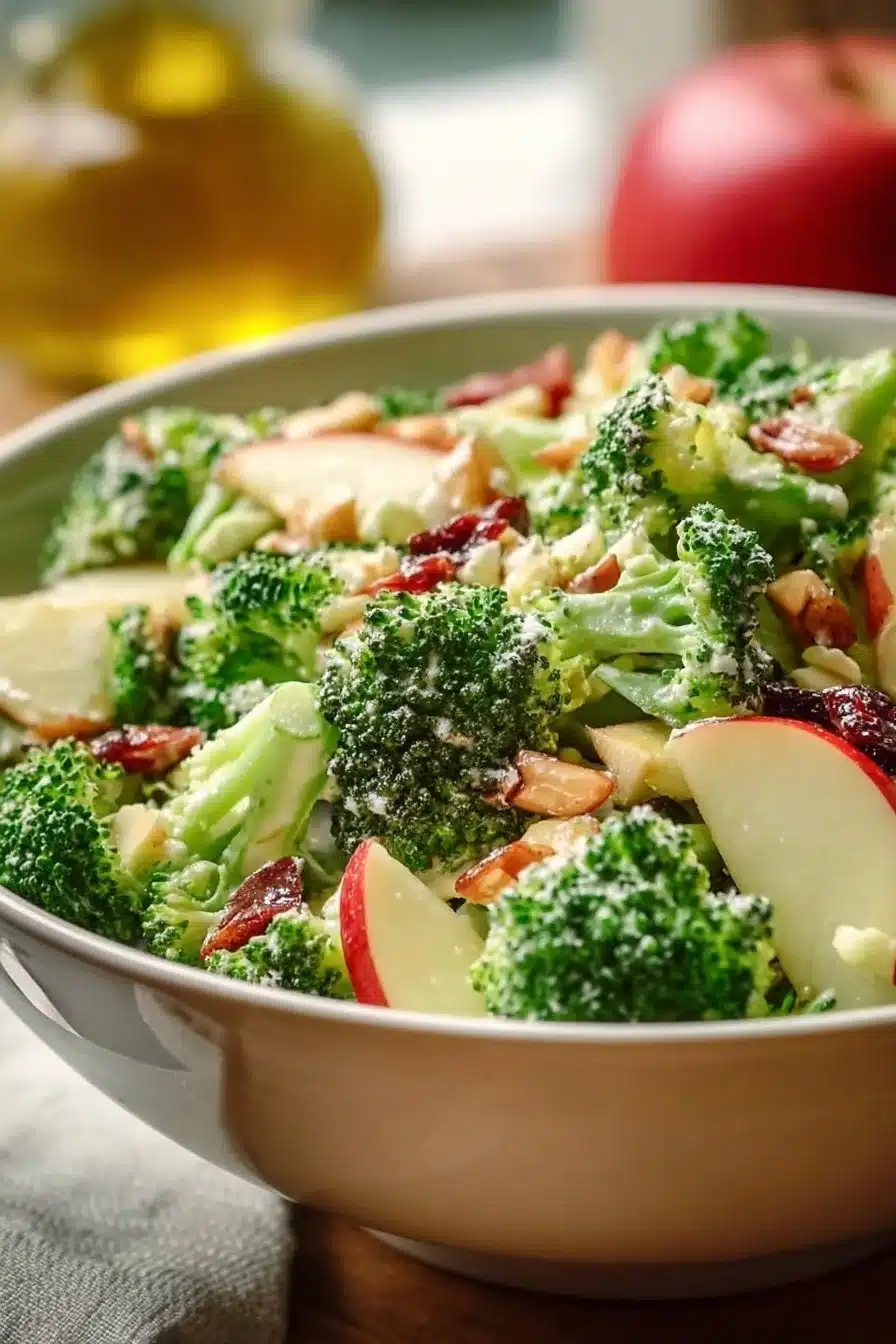 Salade de brocoli et pomme, saine et colorée, servie dans un bol.