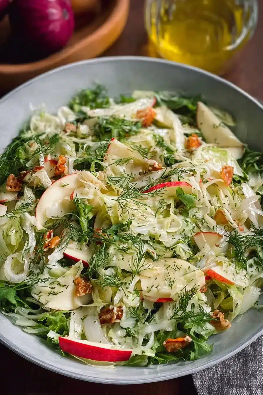 Salade de fenouil et de pomme fraîche et colorée dans un bol.