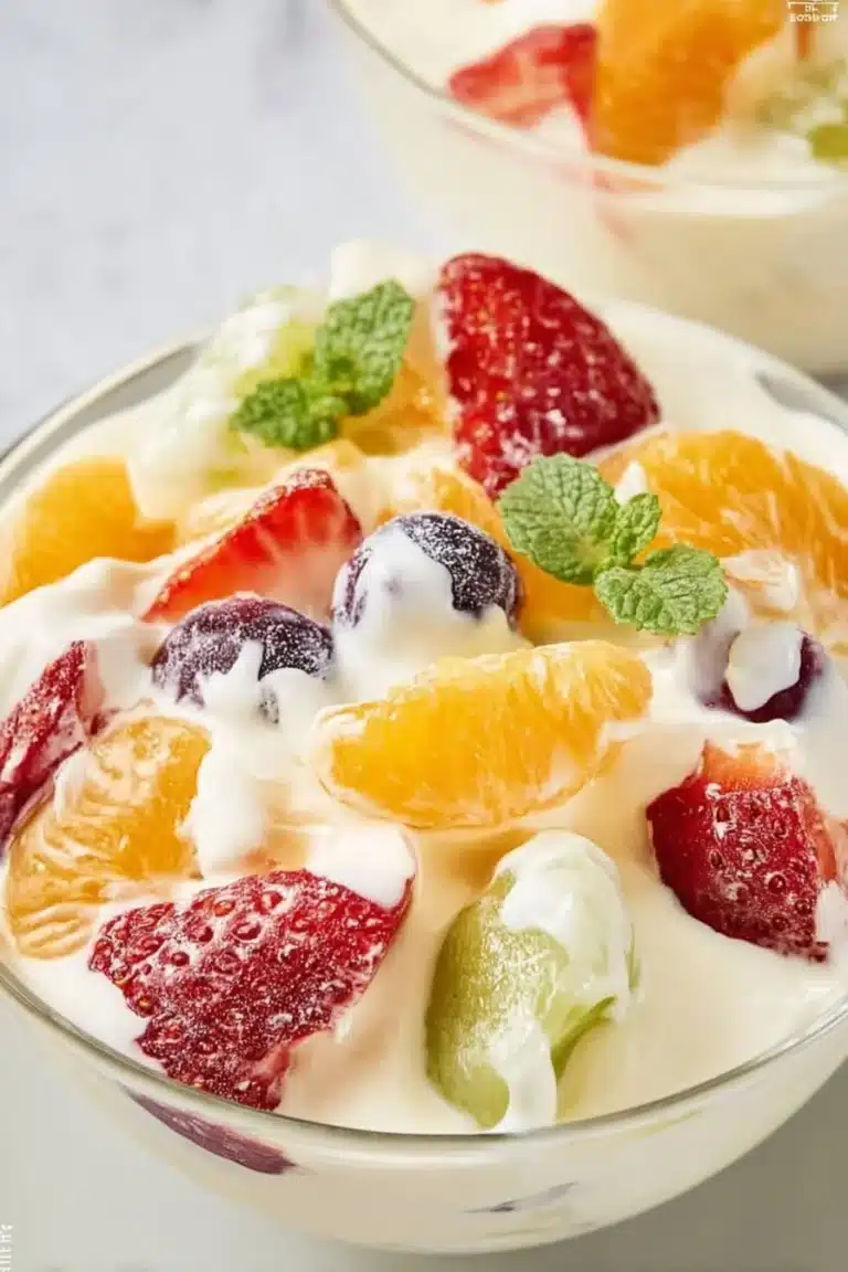 Salade de fruits colorée avec pudding vanille crémeux, un dessert frais et savoureux.