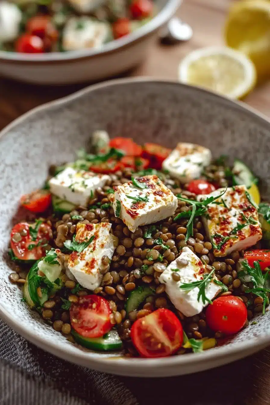 Salade de lentilles et feta marinée dans un bol coloré