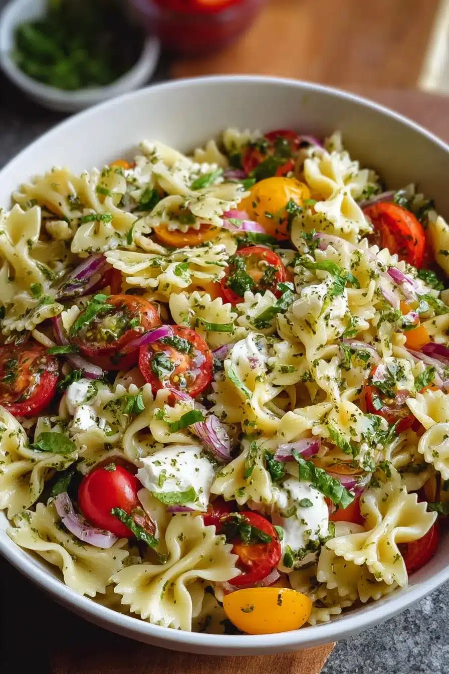 Salade de pâtes en nœuds colorée avec légumes frais et sauce légère.