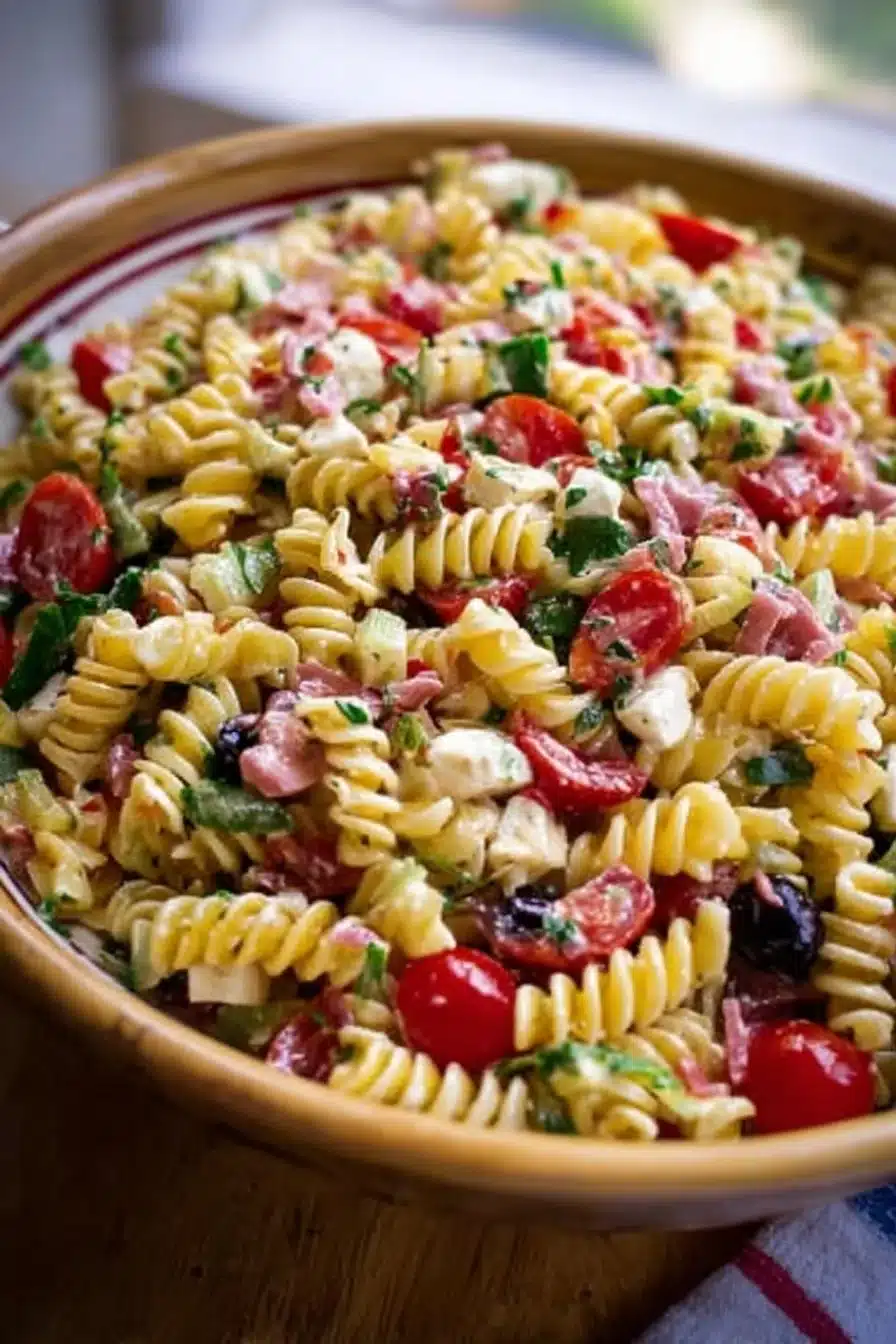 Recette de salade de pâtes italienne crémeuse avec légumes frais et sauce délicieuse.