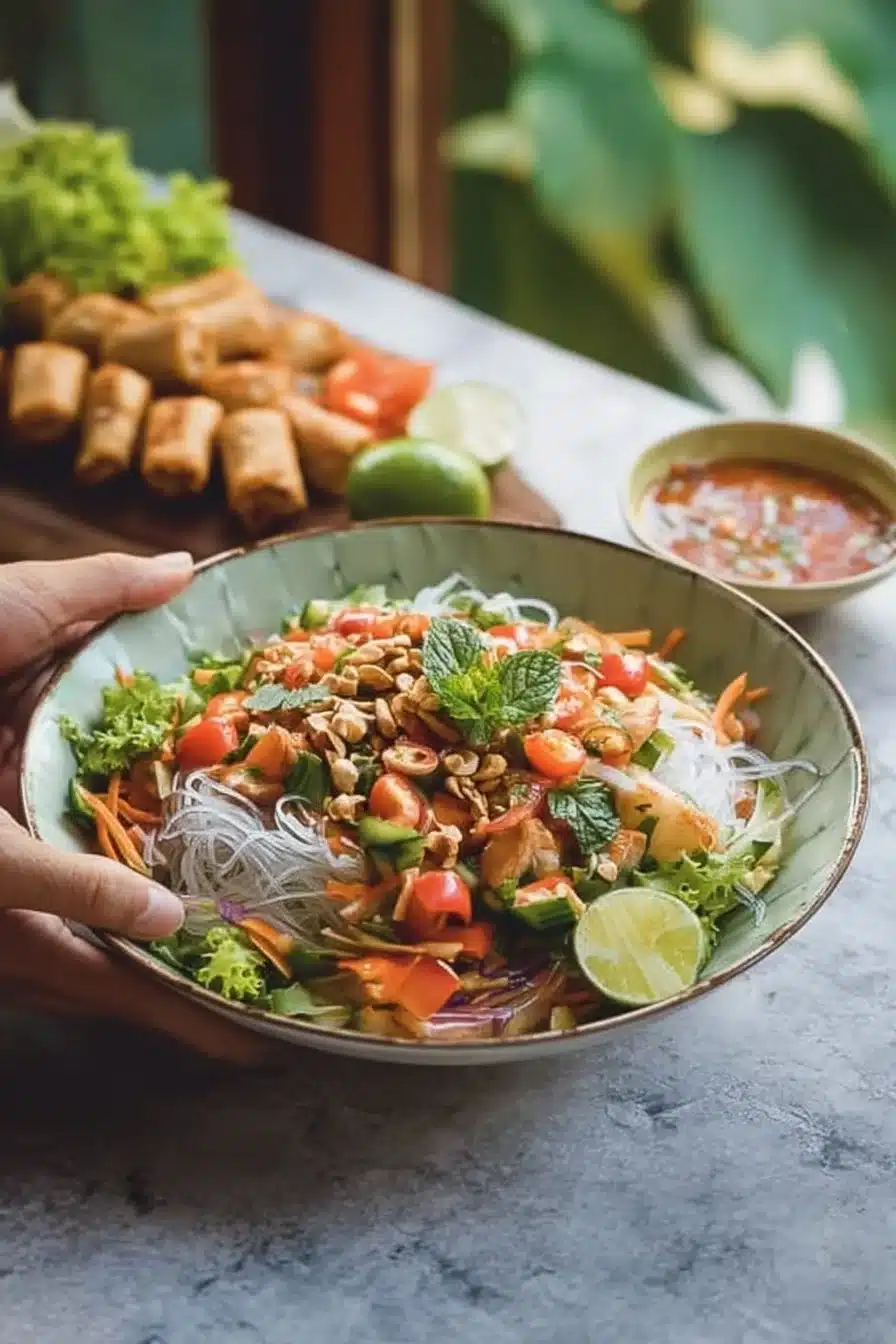 Salade Thaïlandaise fraîche et colorée avec légumes croquants et sauce légère.