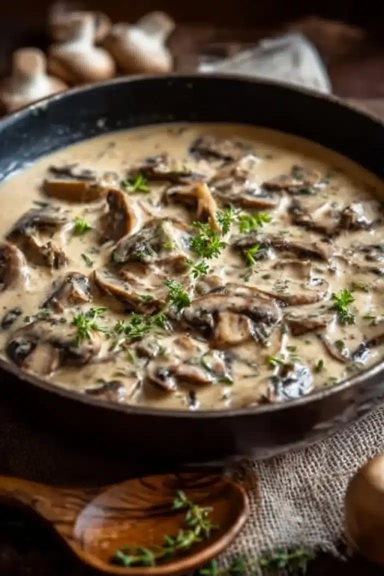 Sauce crémeuse aux champignons dans un bol rustique