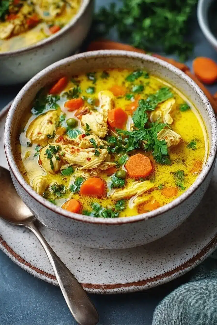 Soupe de poulet au curcuma dans un bol coloré, garnie d'herbes fraîches.
