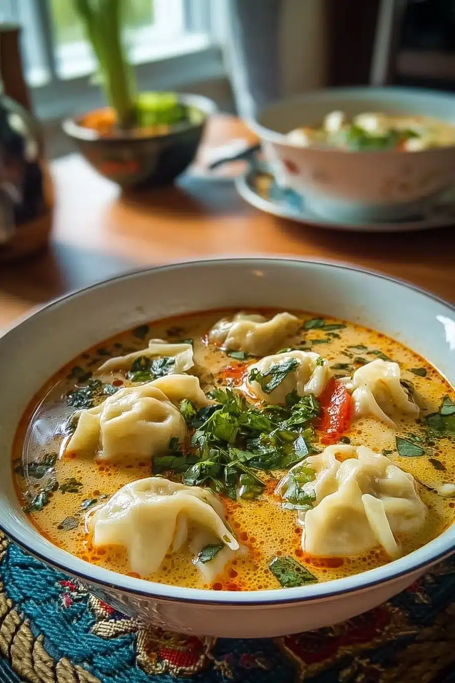 Soupe thaï réconfortante aux raviolis dans un bol savoureux