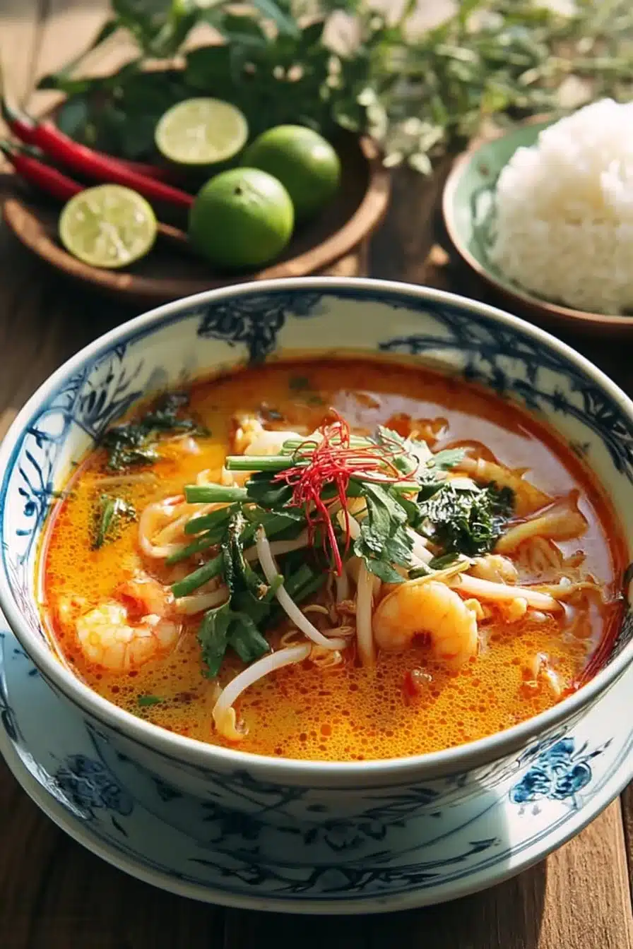 Bol de soupe thaïe légère et parfumée avec des herbes fraîches et des légumes.