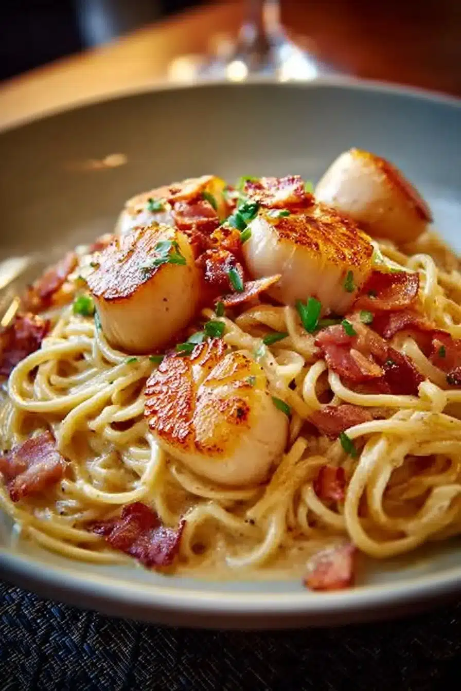 Spaghetti pétoncles au bacon et bœuf, un plat gourmand et délicieux.