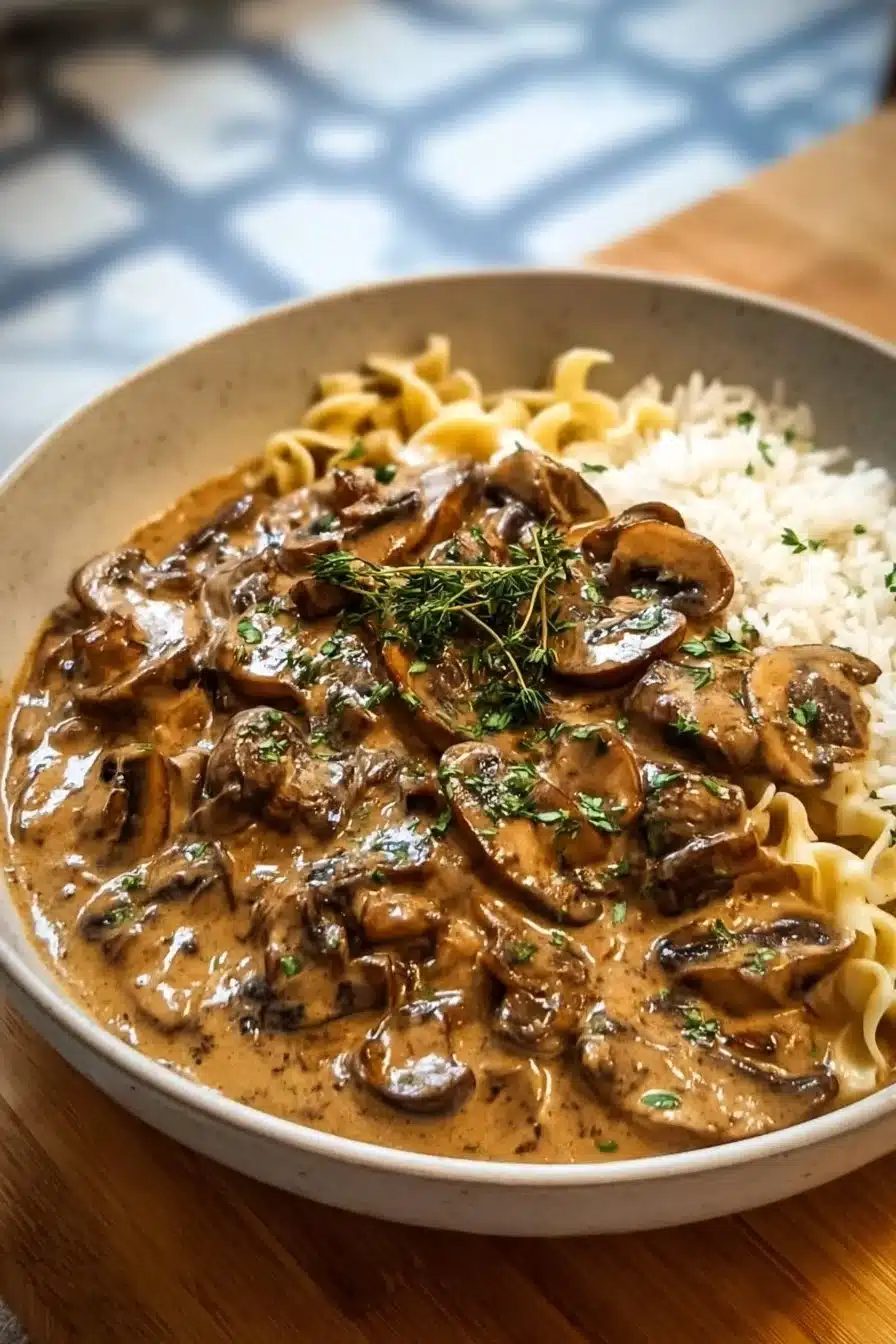 Recette savoureuse de Stroganoff de Champignons servie dans une assiette