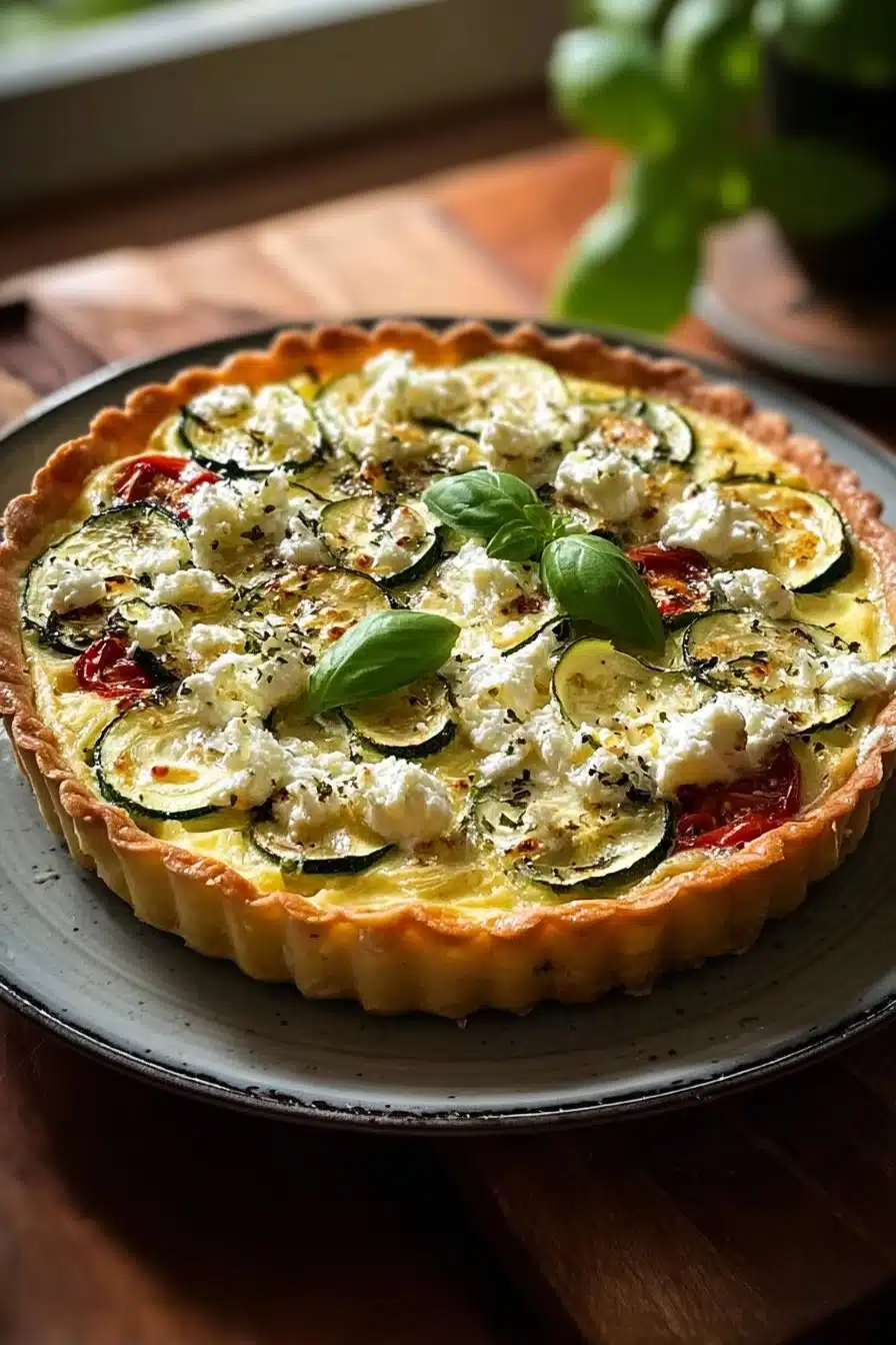 Tarte Courgette Feta dorée et appétissante prête à être servie.