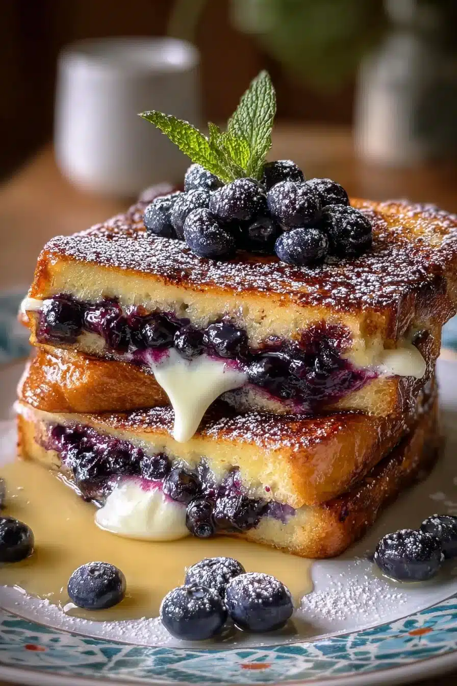 Tartines dorées farcies au cheesecake myrtilles, un dessert délicieux et crémeux.