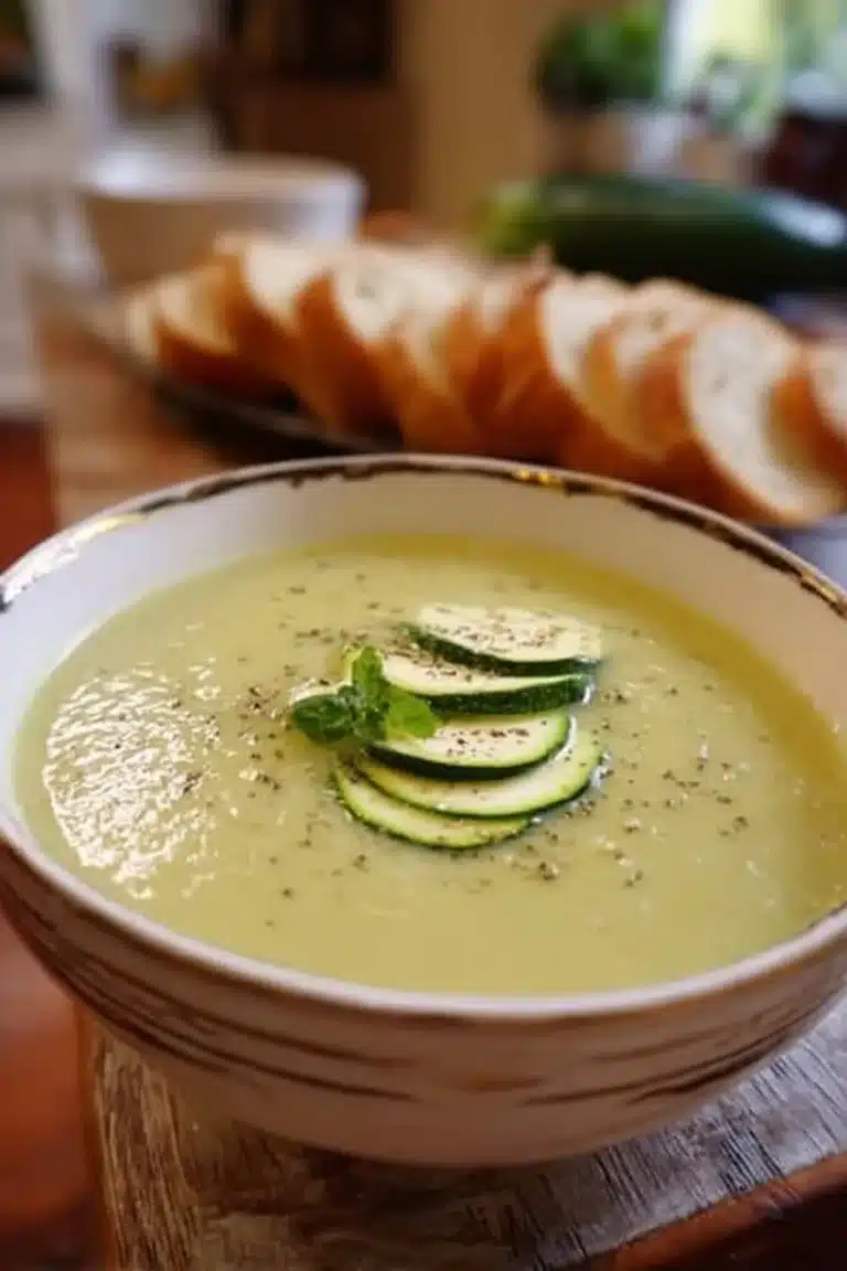Velouté de courgettes au fromage garnie de fromage fondant.