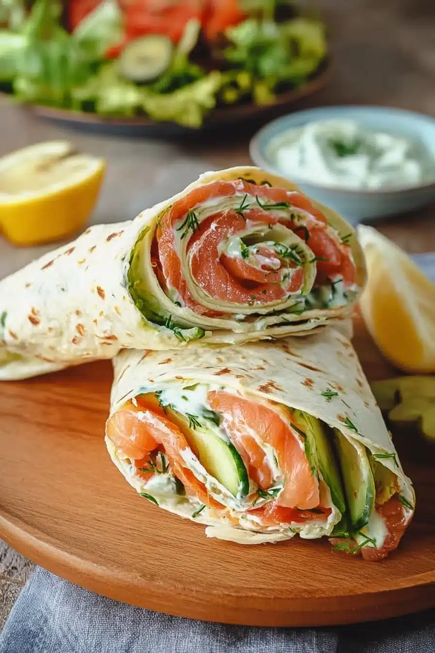 Wraps de saumon fumé garnis de légumes frais et sauce onctueuse.